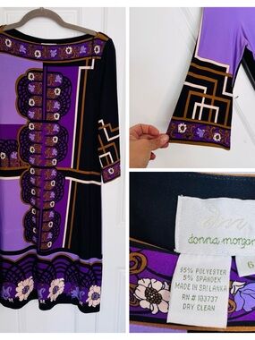 Donna Morgan Purple, Black and Gold Printed Midi Dress
